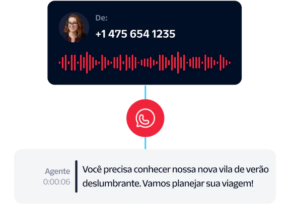 Incoming call from +1 475 654 1235 with a voice message and a chat response from a live agent about a summer villa.