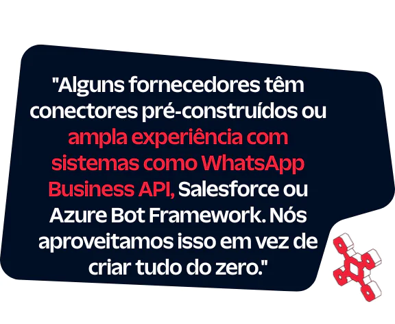Citação sobre o uso de conectores pré‑construídos e sistemas como WhatsApp API, Salesforce e Azure Bot Framework.
