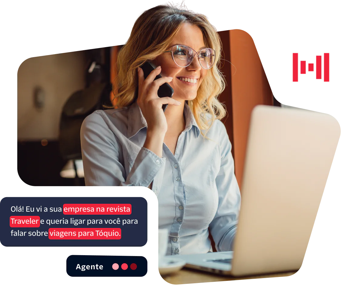 Woman on a phone call with laptop, discussing a company's ad in Traveler magazine about Tokyo trips.