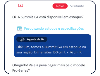 Web chat interface showing customer inquiry about Summit G4 availability and AI agent confirming stock.