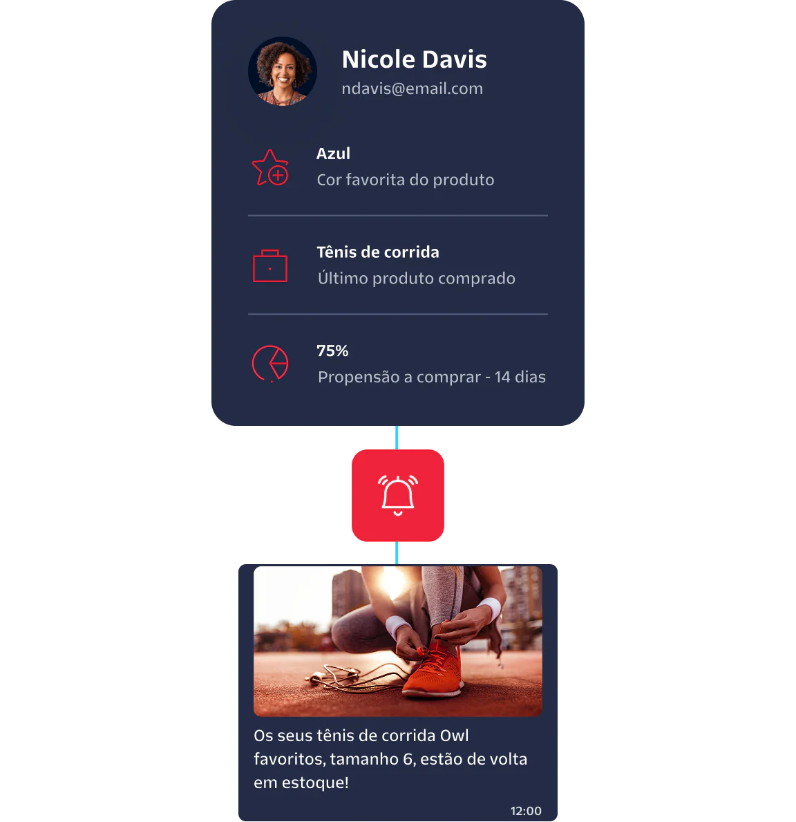 Marketing dashboard showing Nicole Davis's product preferences and a notification about a product restock.