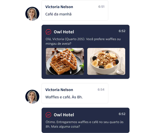 Chat between Victoria Nelson and Owl Hotel about breakfast order with waffles image.