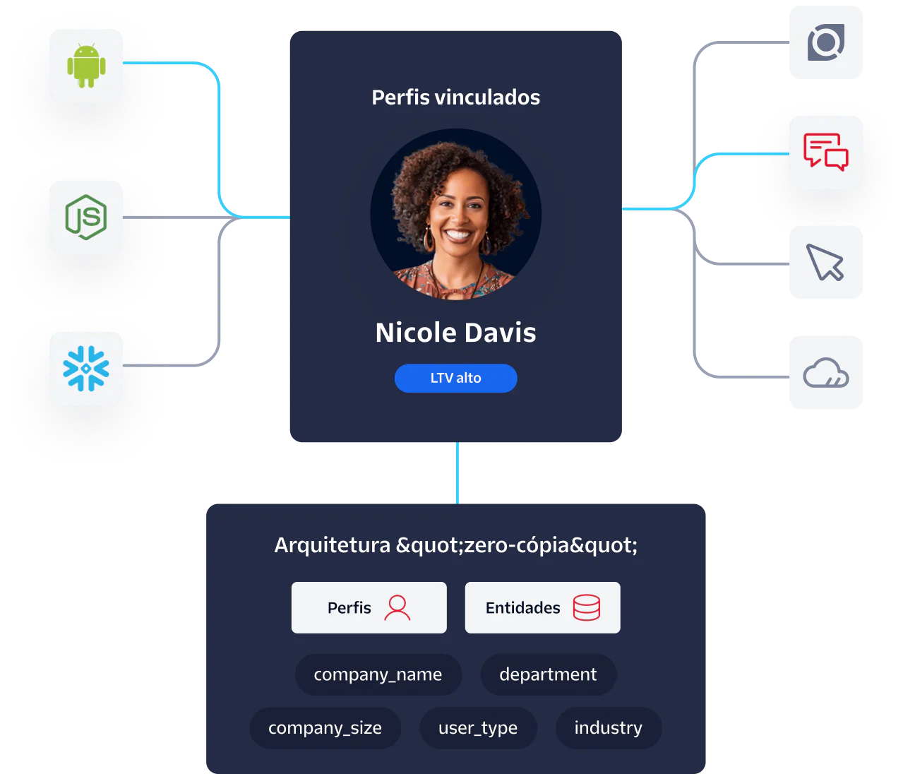 Diagram showing linked profiles and zero copy architecture with connected entities and key details.
